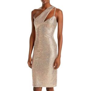 Aqua Sequin Dress M Gold One Shoulder Midi Bodycon Formal Wedding Guest Gala NWT